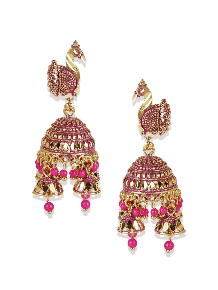 Jewellery Anikas Creation | Women'S Gold Plated U0026 Enamelled Dome Shaped Jhumkas - Anikas Creation Pink