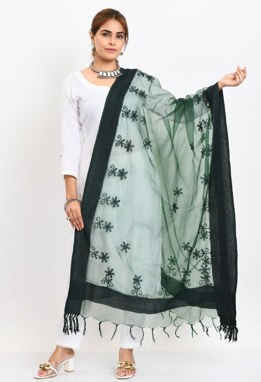 Women Moeza | Women'S Orgenza All Over Chikan Work Bottle Dupatta - Moeza Green