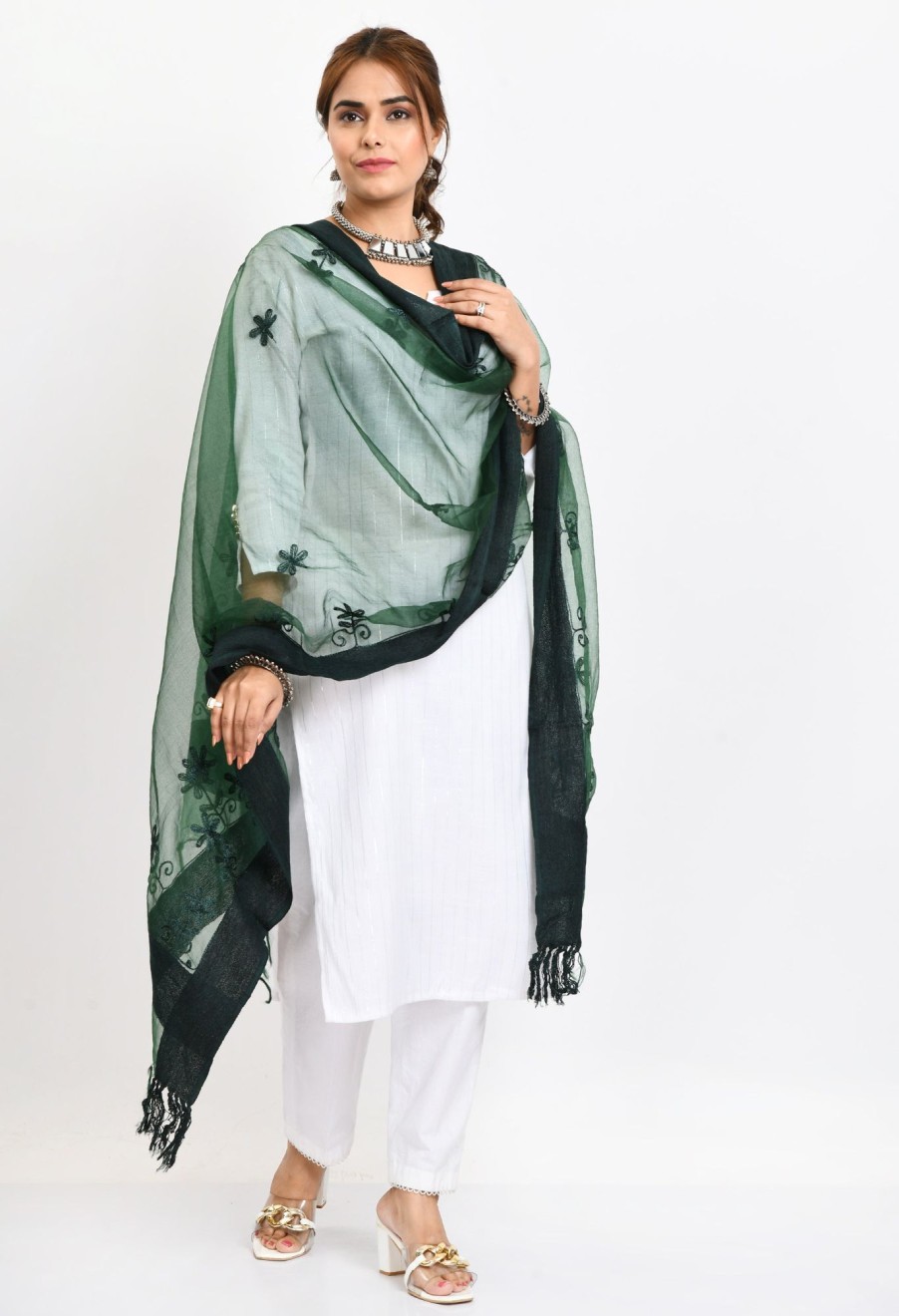 Women Moeza | Women'S Orgenza All Over Chikan Work Bottle Dupatta - Moeza Green