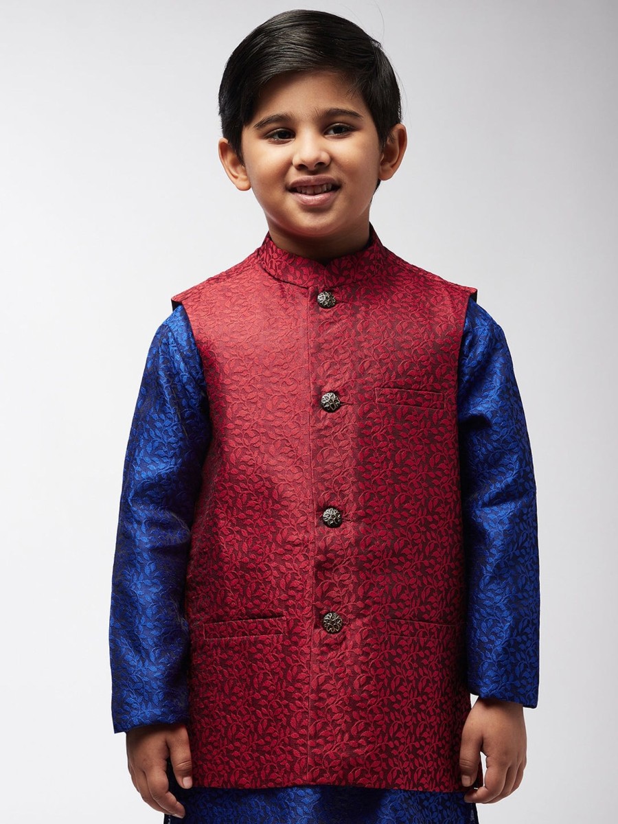 Men Sojanya KID | Kid'S Jacquard Silk Red Self Design Only Nehrujacket - Sojanya Kid Red & Black