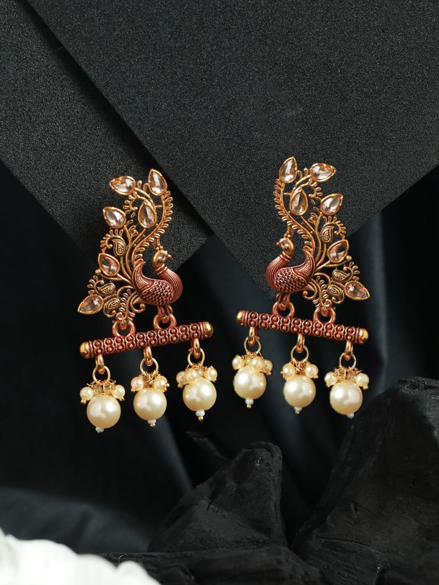 Jewellery Priyaasi | Women'S Studded Peacock Pearl Gold Plated Earrings - Priyaasi