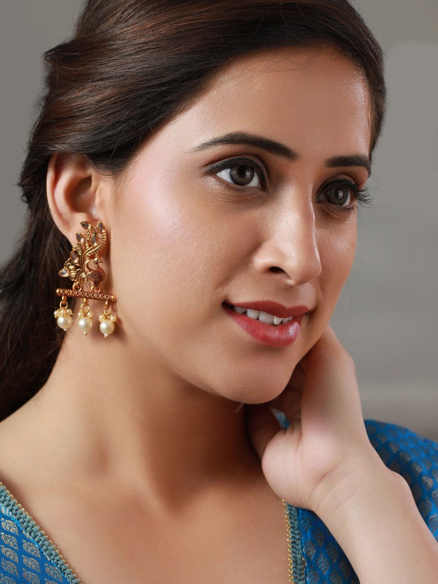 Jewellery Priyaasi | Women'S Studded Peacock Pearl Gold Plated Earrings - Priyaasi