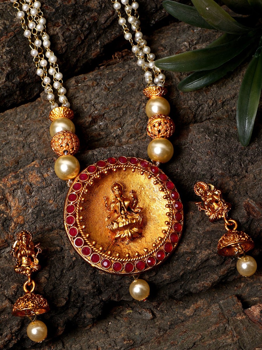 Jewellery Anikas Creation | Antique Matte Gold Finish Goddess Laxmi Maroon Stone Studded Temple Jewellery Set - Anikas Creation Multicolor