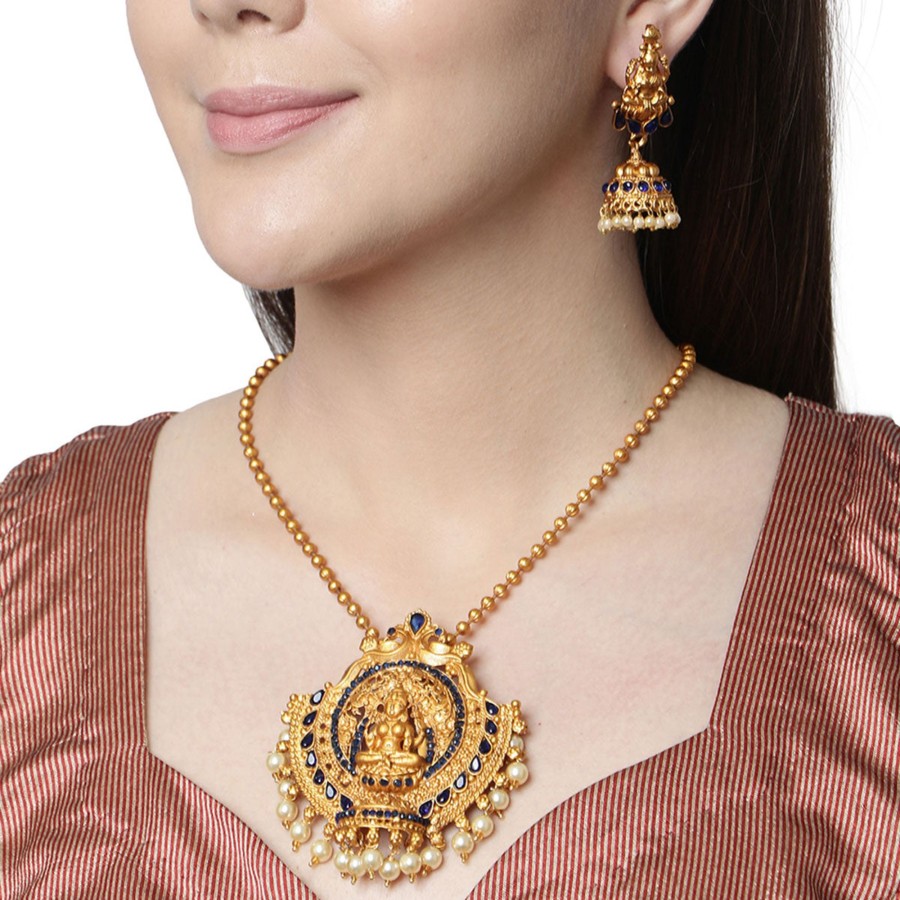 Jewellery Anikas Creation | Antique Matte Gold Finish Goddess Laxmi Blue Stone Studded Temple Jewellery Set - Anikas Creation Multicolor