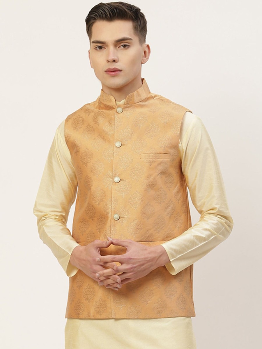 Men Virat Fashions | Men'S Peach Printed Nehru Jacket ( Jowc 4032Peach ) - Virat Fashions