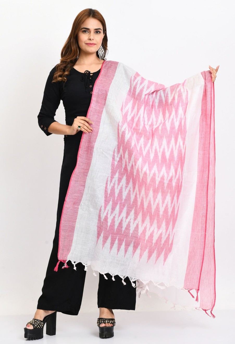 Women Moeza | Women'S Handloom Cotton Ikkat Baby Dupatta - Moeza Pink