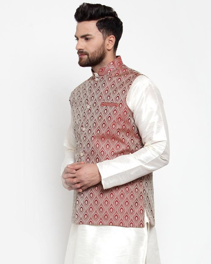 Men Virat Fashions USA | Men'S Maroon Woven Design Nehru Jacket ( Jowc 4006 Maroon) - Virat Fashions Usa