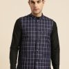 Men Sojanya | Men'S Cotton Blend Navy Blue U0026 White Checked Nehru Jacket - Sojanya