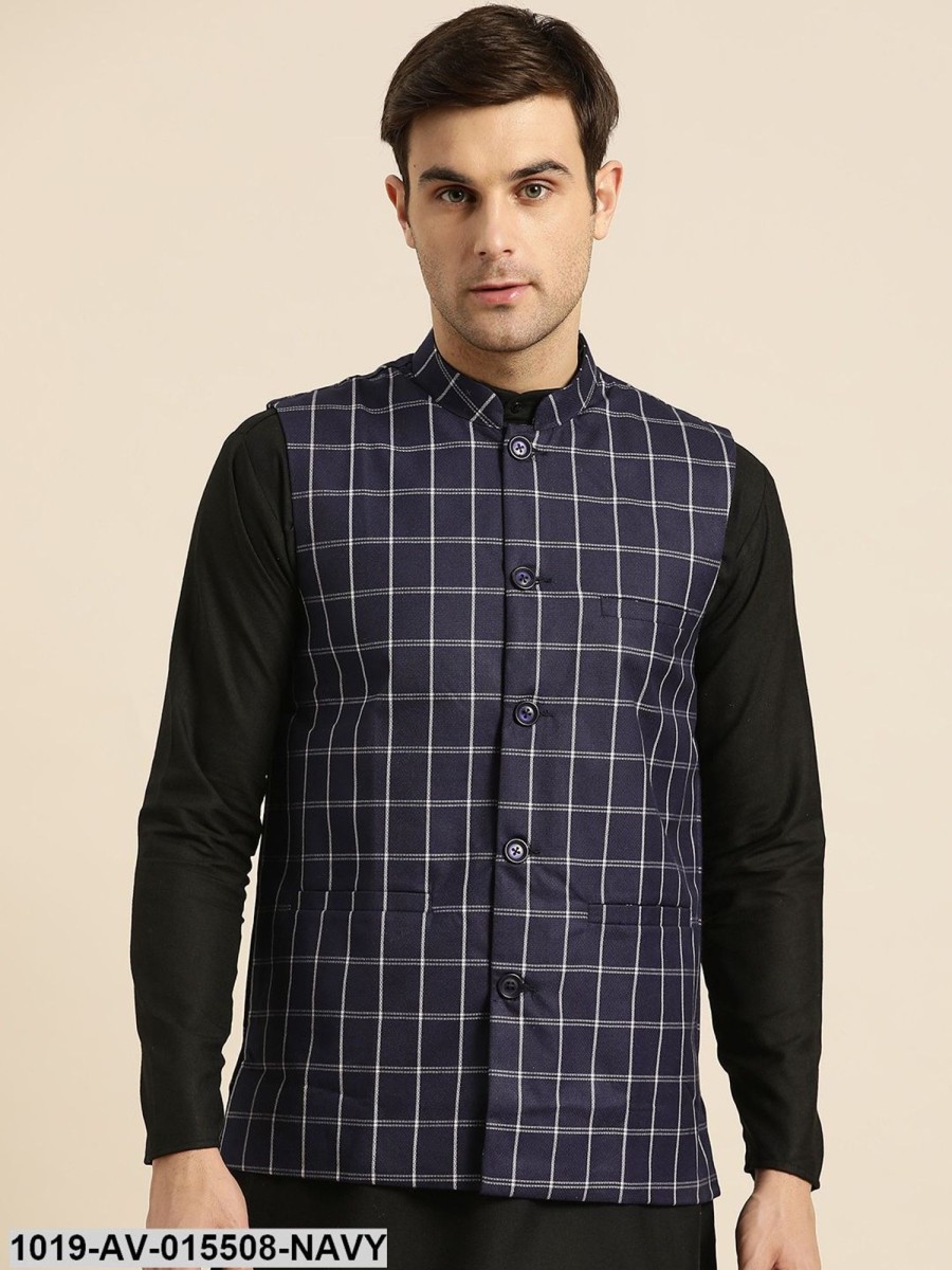 Men Sojanya | Men'S Cotton Blend Navy Blue U0026 White Checked Nehru Jacket - Sojanya