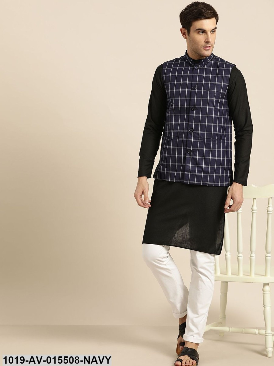 Men Sojanya | Men'S Cotton Blend Navy Blue U0026 White Checked Nehru Jacket - Sojanya