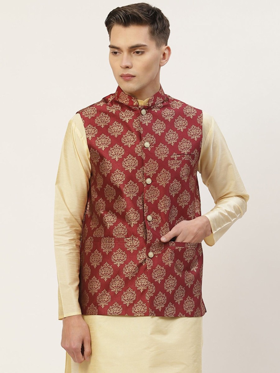 Men Virat Fashions | Men'S Maroon Printed Nehru Jacket ( Jowc 4032Maroon ) - Virat Fashions