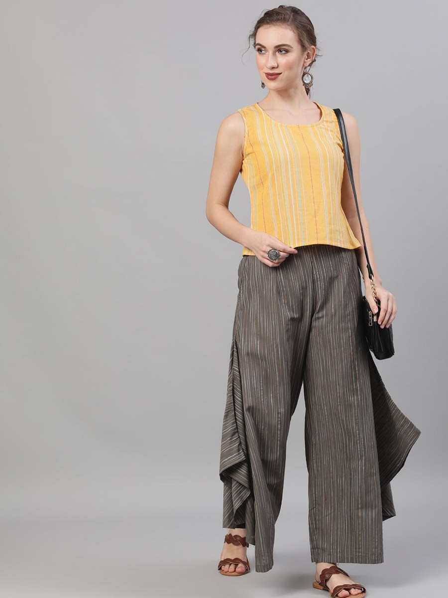 Women AKS | Women'S Relaxed Fit Palazzos With Striped Detail - Aks Grey