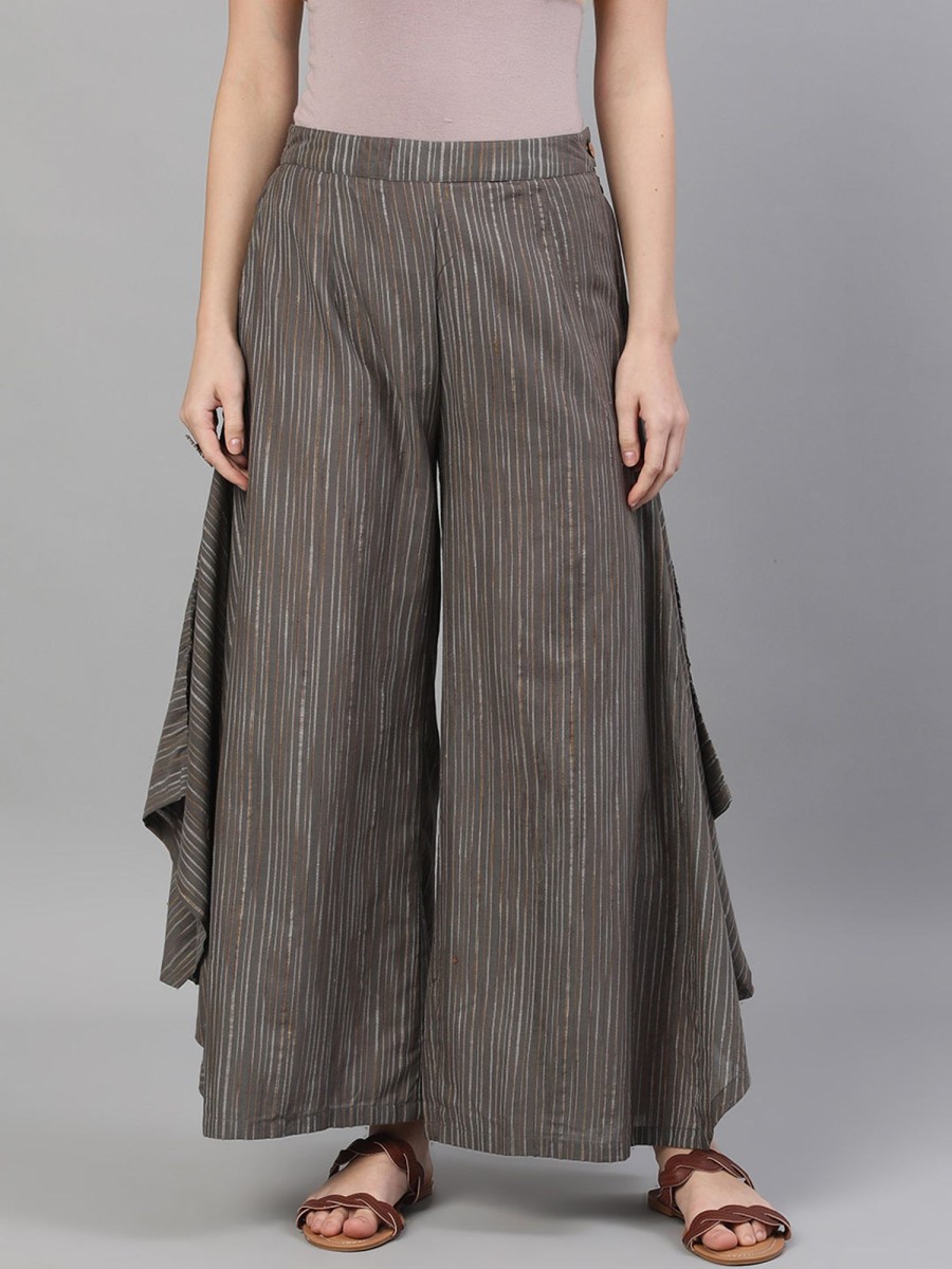 Women AKS | Women'S Relaxed Fit Palazzos With Striped Detail - Aks Grey