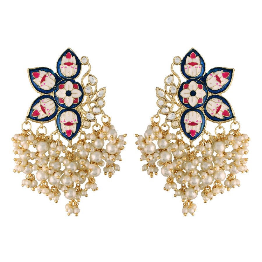 Jewellery I Jewels | Women'S 18K Blue Gold Plated Handcrafted Kundan Studded Floral Drop Earrings - I Jewels