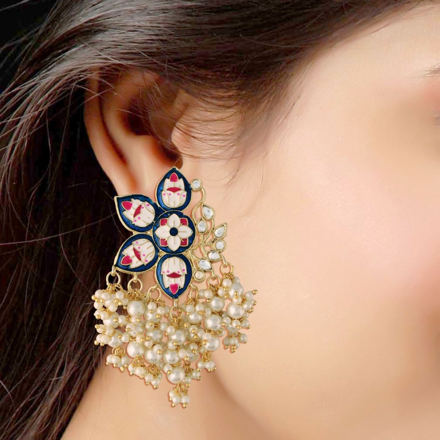 Jewellery I Jewels | Women'S 18K Blue Gold Plated Handcrafted Kundan Studded Floral Drop Earrings - I Jewels