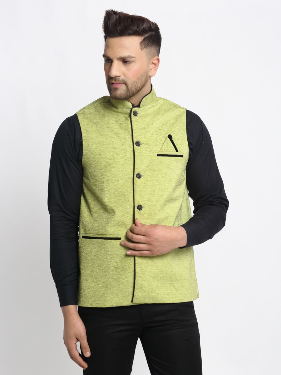 Men Virat Fashions | Men'S Green Solid Nehru Jacket With Square Pocket ( Jowc 4024Green ) - Virat Fashions