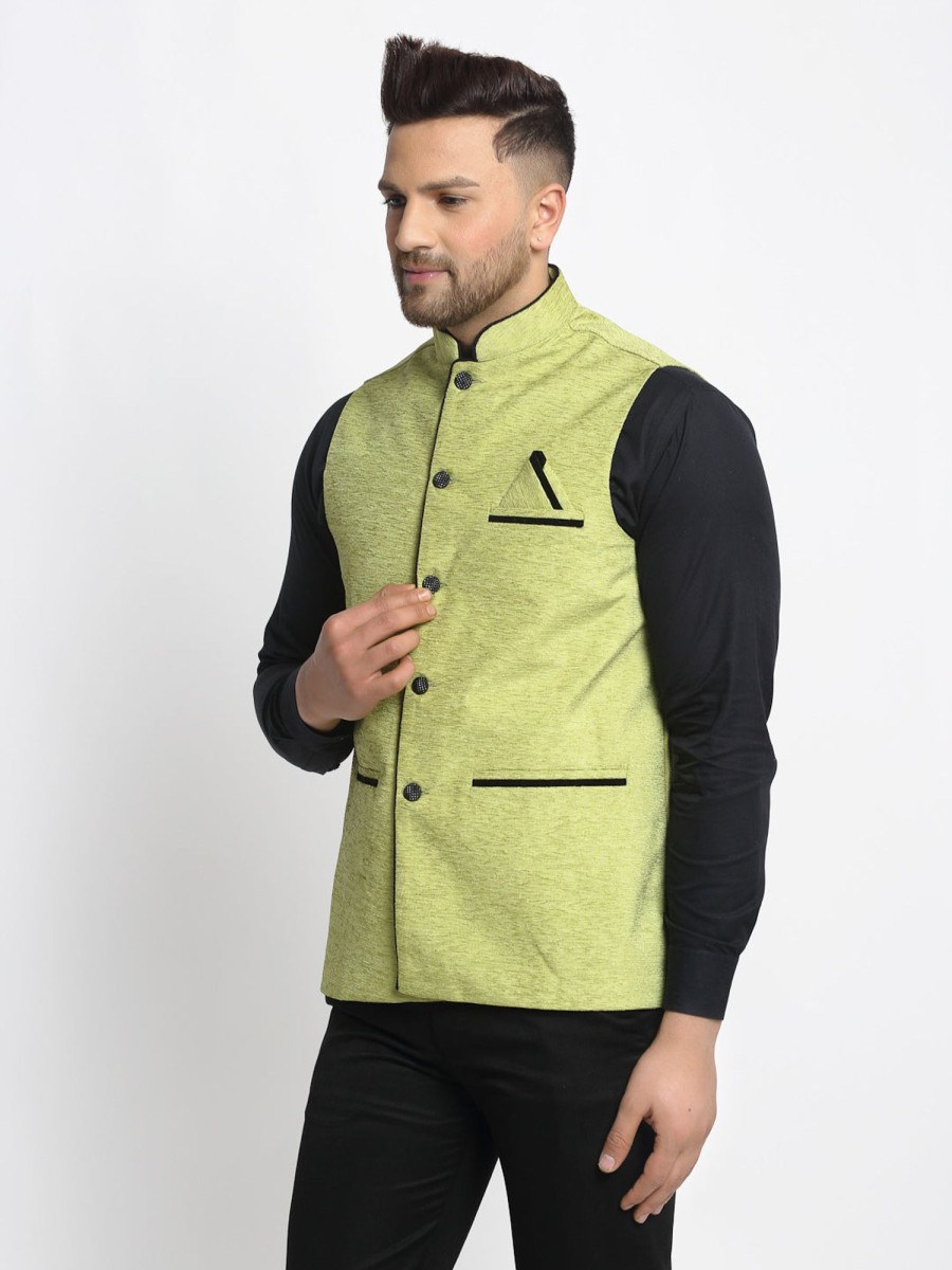 Men Virat Fashions | Men'S Green Solid Nehru Jacket With Square Pocket ( Jowc 4024Green ) - Virat Fashions