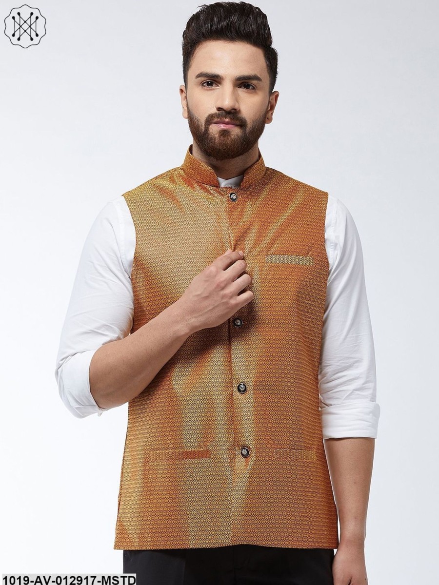 Men Sojanya | Men'S Jacquard Silk Mustard Self Design Nehru Jacket - Sojanya