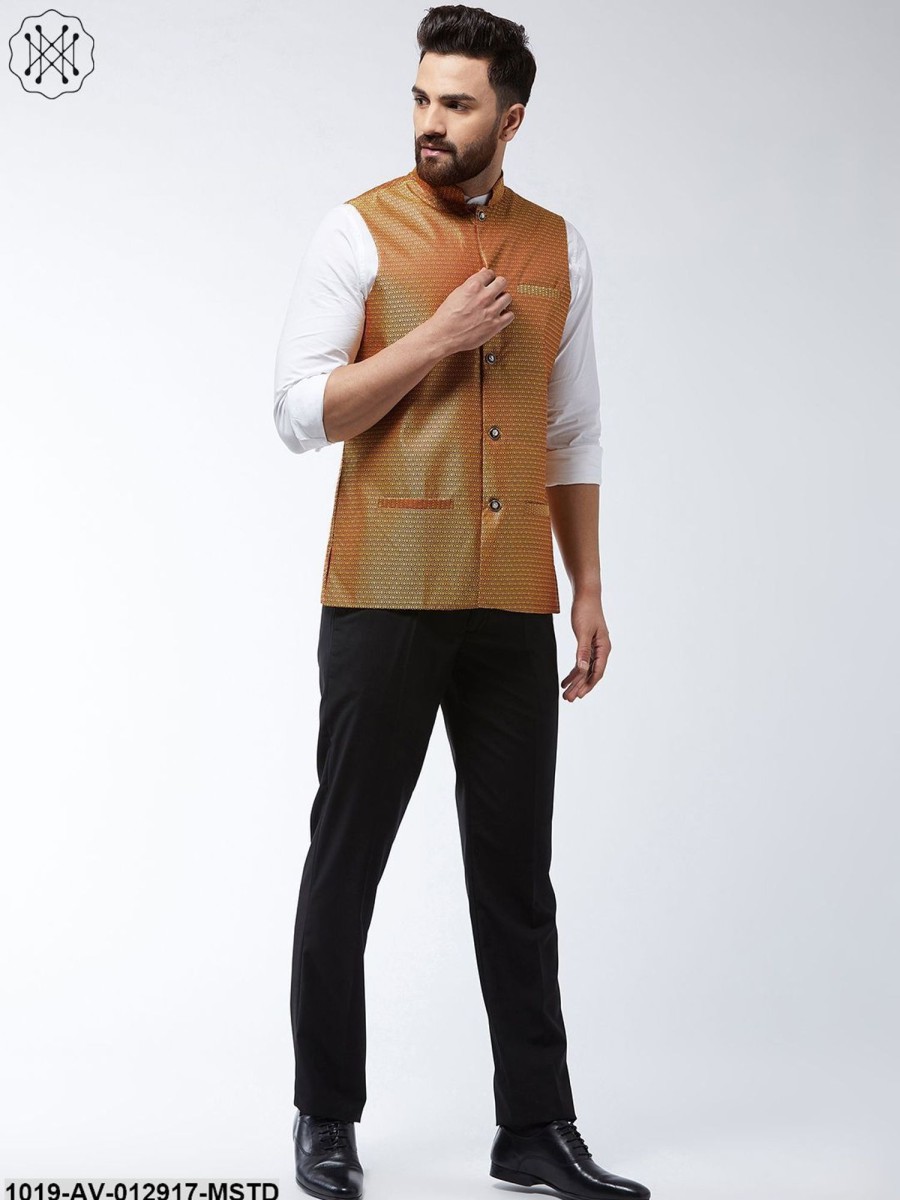 Men Sojanya | Men'S Jacquard Silk Mustard Self Design Nehru Jacket - Sojanya