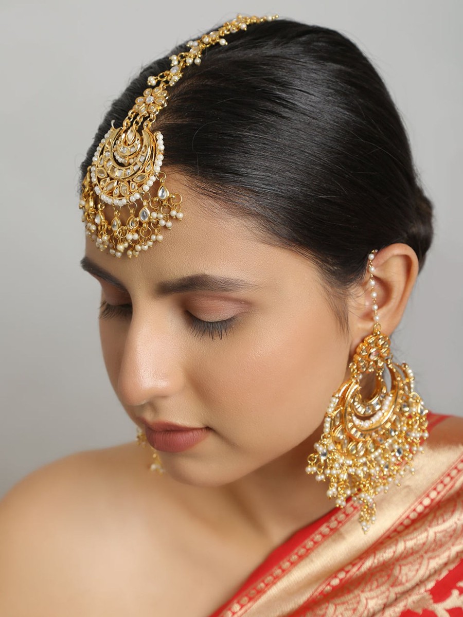 Jewellery Femizen | Women'S Kundan Chandbali U0026 Maang Tikka Set - Femizen Golden