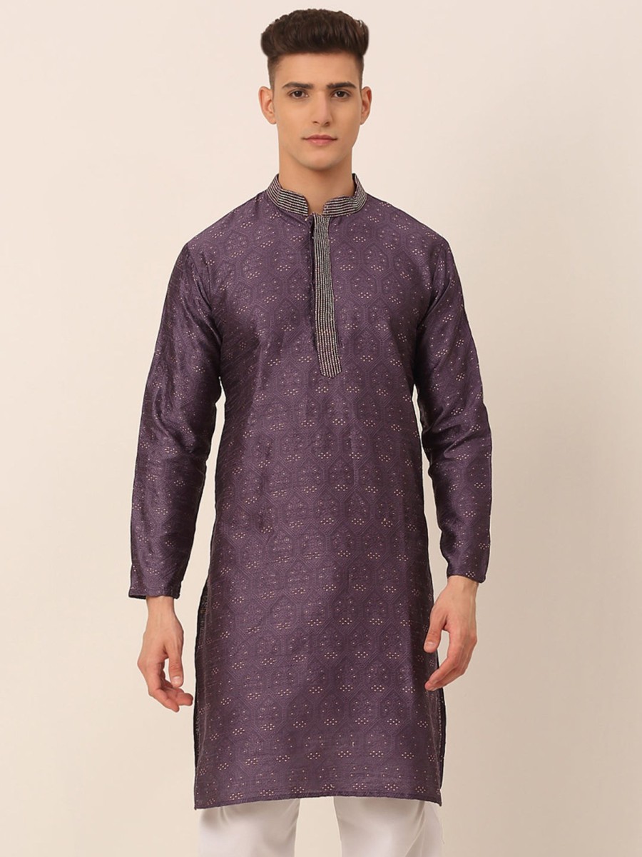 Men Virat Fashions | Men'S Silk Blend Collar Embroidered Kurta Only ( Ko 662 Purple ) - Virat Fashions