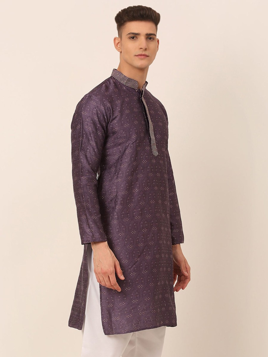 Men Virat Fashions | Men'S Silk Blend Collar Embroidered Kurta Only ( Ko 662 Purple ) - Virat Fashions