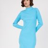 Women Lyush | Women'S Turquoise Rib Turtle Neck Short Dress - Lyush