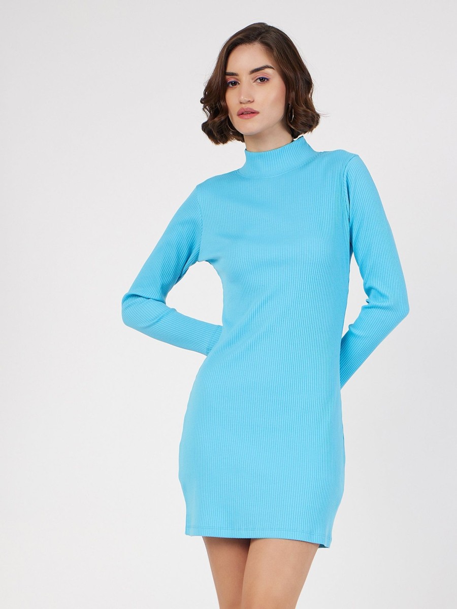 Women Lyush | Women'S Turquoise Rib Turtle Neck Short Dress - Lyush