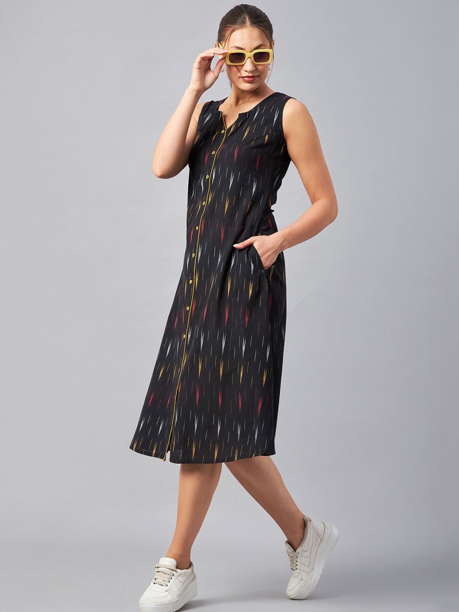 Women Azira | Women'S Cotton Sleevless Self Design Dress - Azira Black