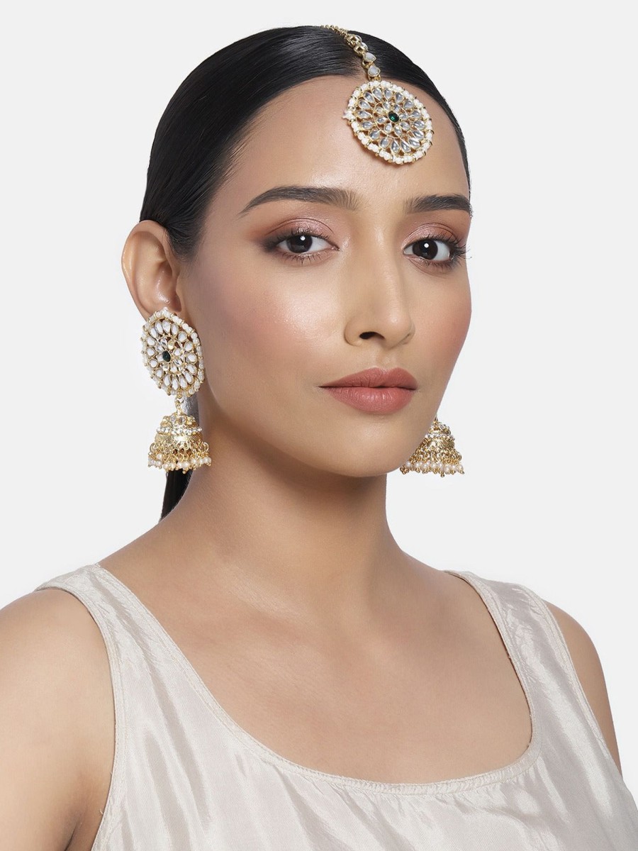 Jewellery I Jewels | Women'S Traditional Gold Plated Chandbali Kundan U0026 Pearl Earring Set With Maang Tikka - I Jewels