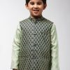 Men Sojanya KID | Kid'S Jacquard Silk Dark Green Self Design Only Nehrujacket - Sojanya Kid Dark Green & Gold