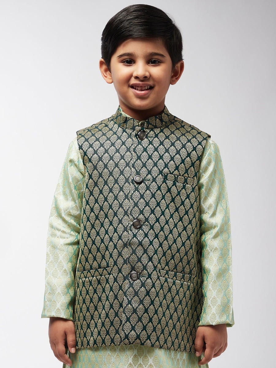 Men Sojanya KID | Kid'S Jacquard Silk Dark Green Self Design Only Nehrujacket - Sojanya Kid Dark Green & Gold