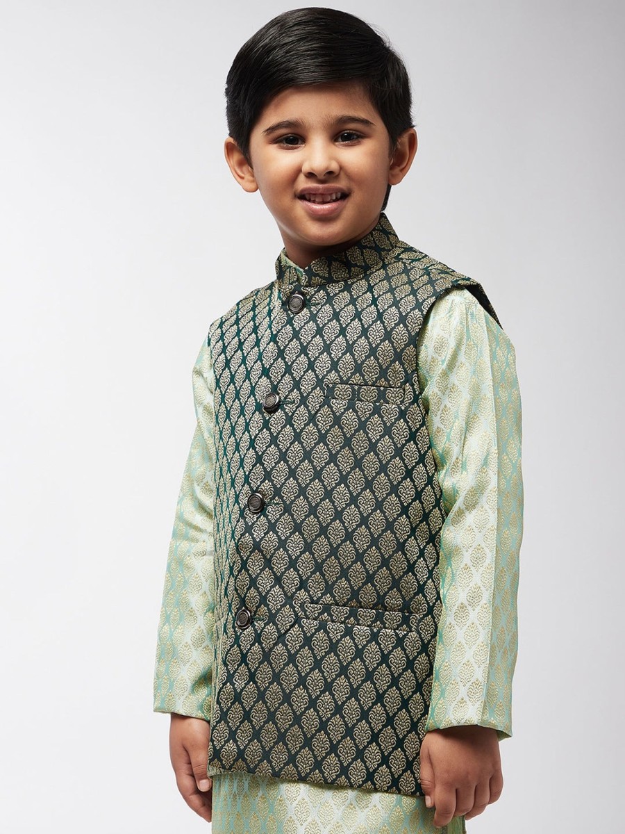 Men Sojanya KID | Kid'S Jacquard Silk Dark Green Self Design Only Nehrujacket - Sojanya Kid Dark Green & Gold