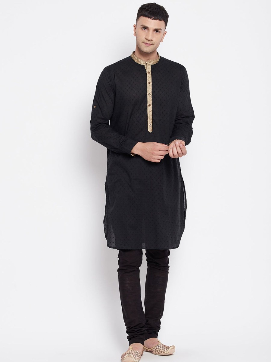 Men Even Apparels | Men'S Kurta With Contrast Collar And Placket - Even Apparels Black