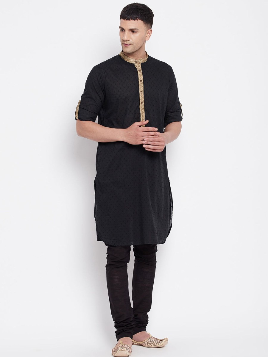 Men Even Apparels | Men'S Kurta With Contrast Collar And Placket - Even Apparels Black