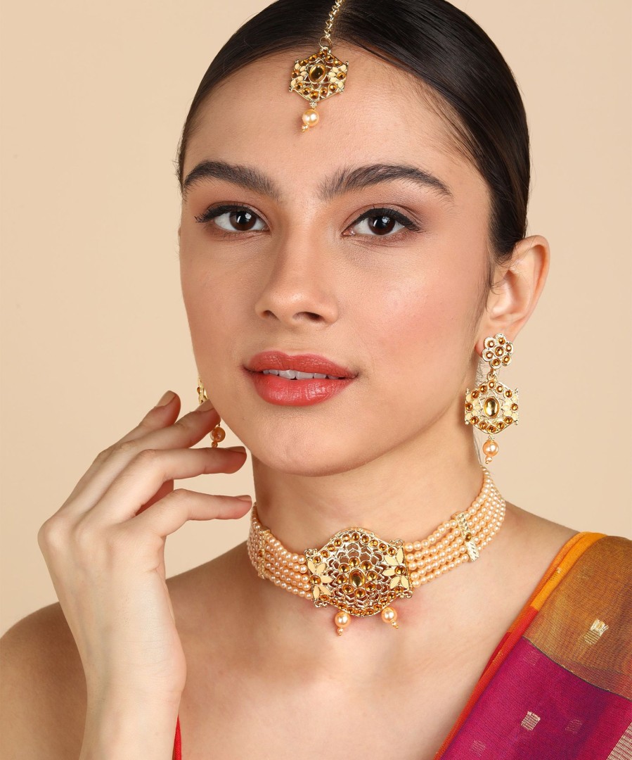 Jewellery Zaffre Collections | Women'S/Girl'S Choker Set With Maang Tikka And Meena - Zaffre Collections Gold