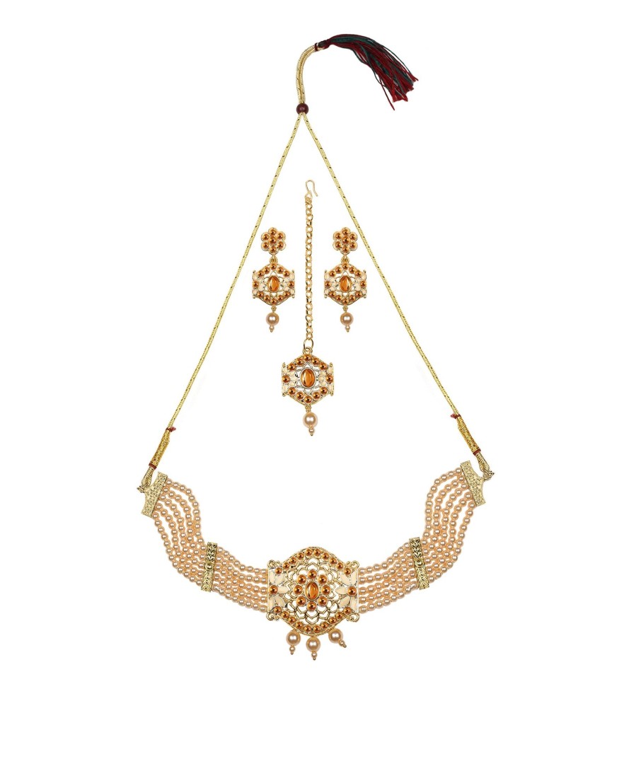 Jewellery Zaffre Collections | Women'S/Girl'S Choker Set With Maang Tikka And Meena - Zaffre Collections Gold