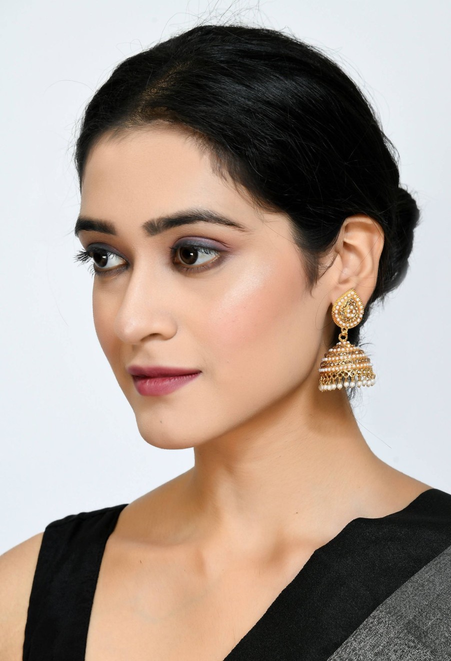 Jewellery Kamal Johar | Johar Kamal Traditional Leaf Design Jhumka With Stone U0026 Pearl Earrings Jker_032 Golden