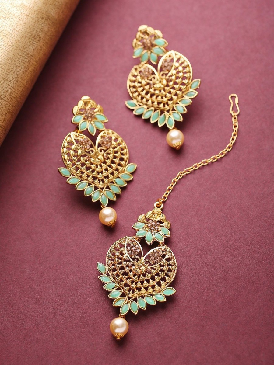 Jewellery Priyaasi | Women'S Gold-Plated Mint Green Stone Studded Heart Shape Maang Tikka With Drop Earrings Set - Priyaasi