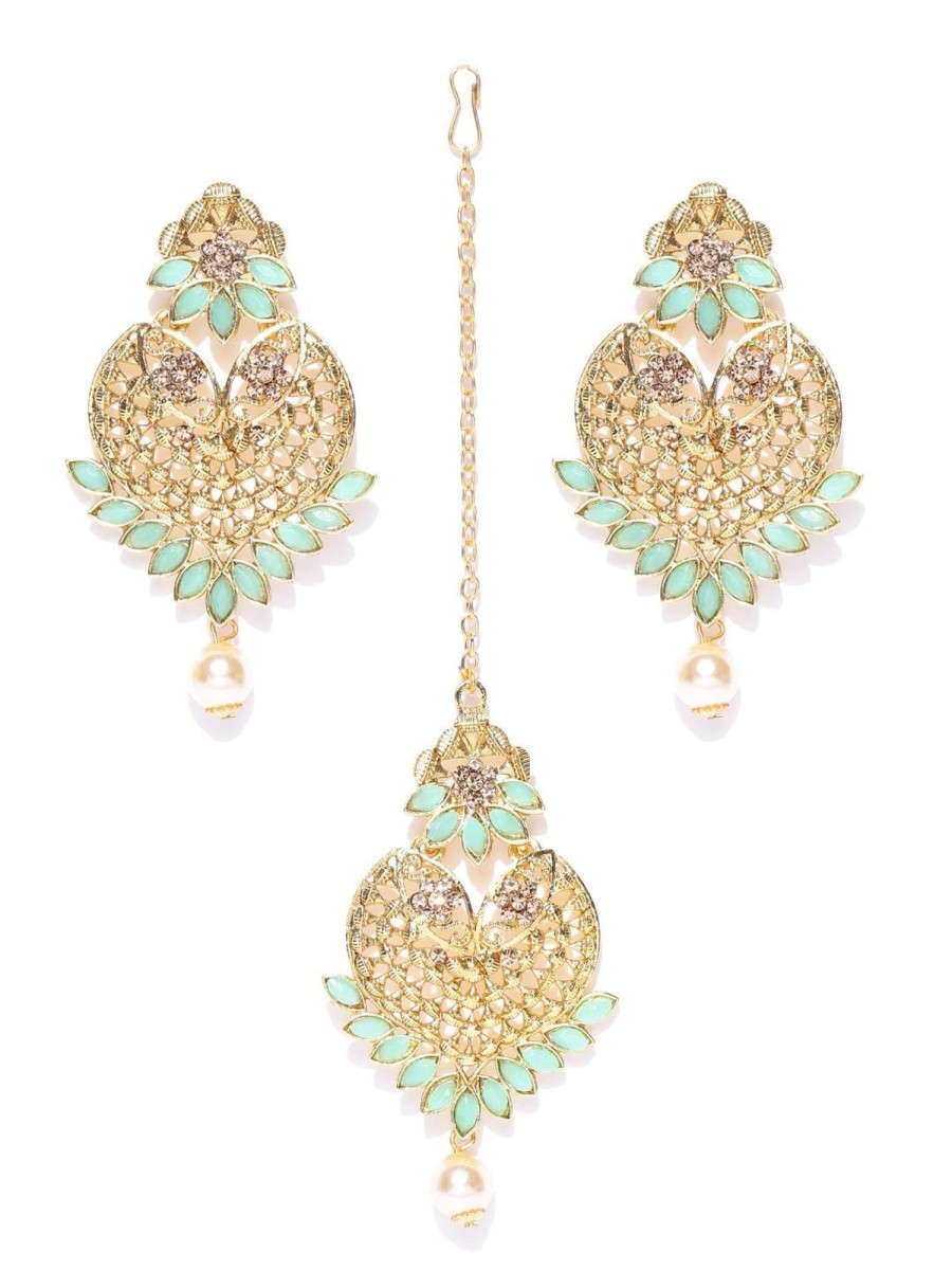 Jewellery Priyaasi | Women'S Gold-Plated Mint Green Stone Studded Heart Shape Maang Tikka With Drop Earrings Set - Priyaasi