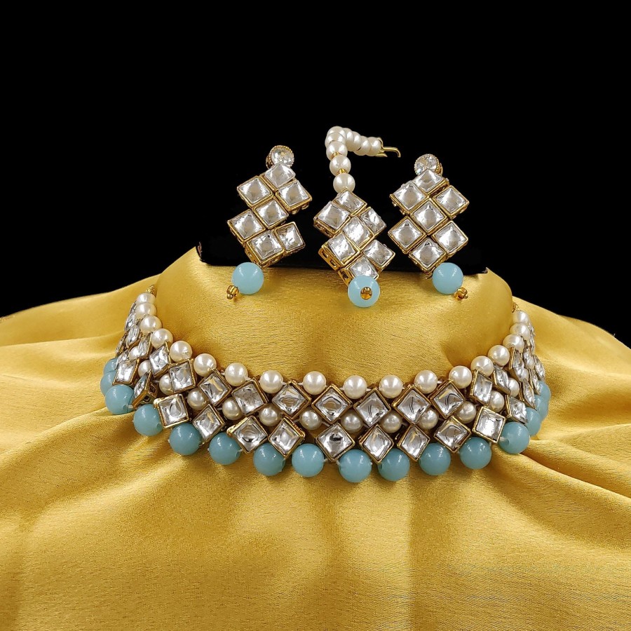 Jewellery Zaffre Collections | Women'S Stylish Kundan And Light Choker Set - Zaffre Collections Blue