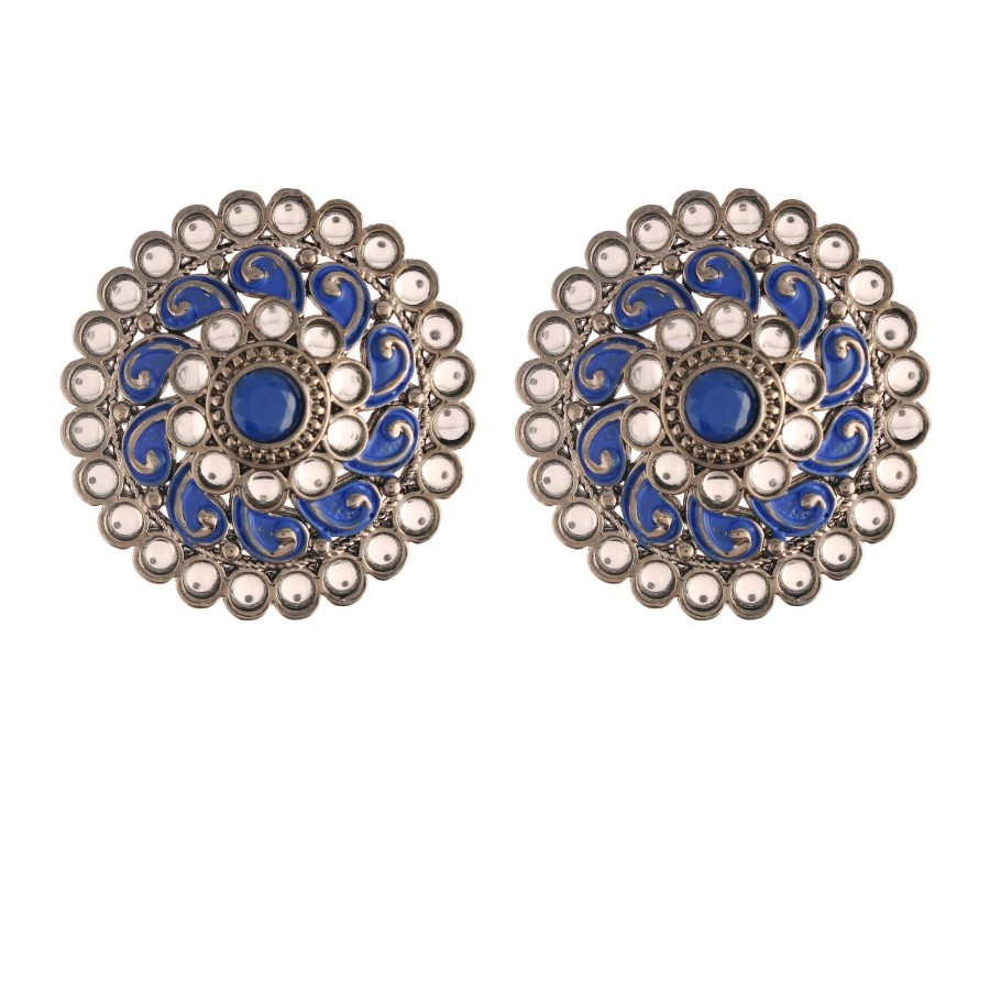 Jewellery I Jewels | Women'S Silver Oxidized Kundan Studded Meena Work Designer Circular Stud Earrings - I Jewels Blue