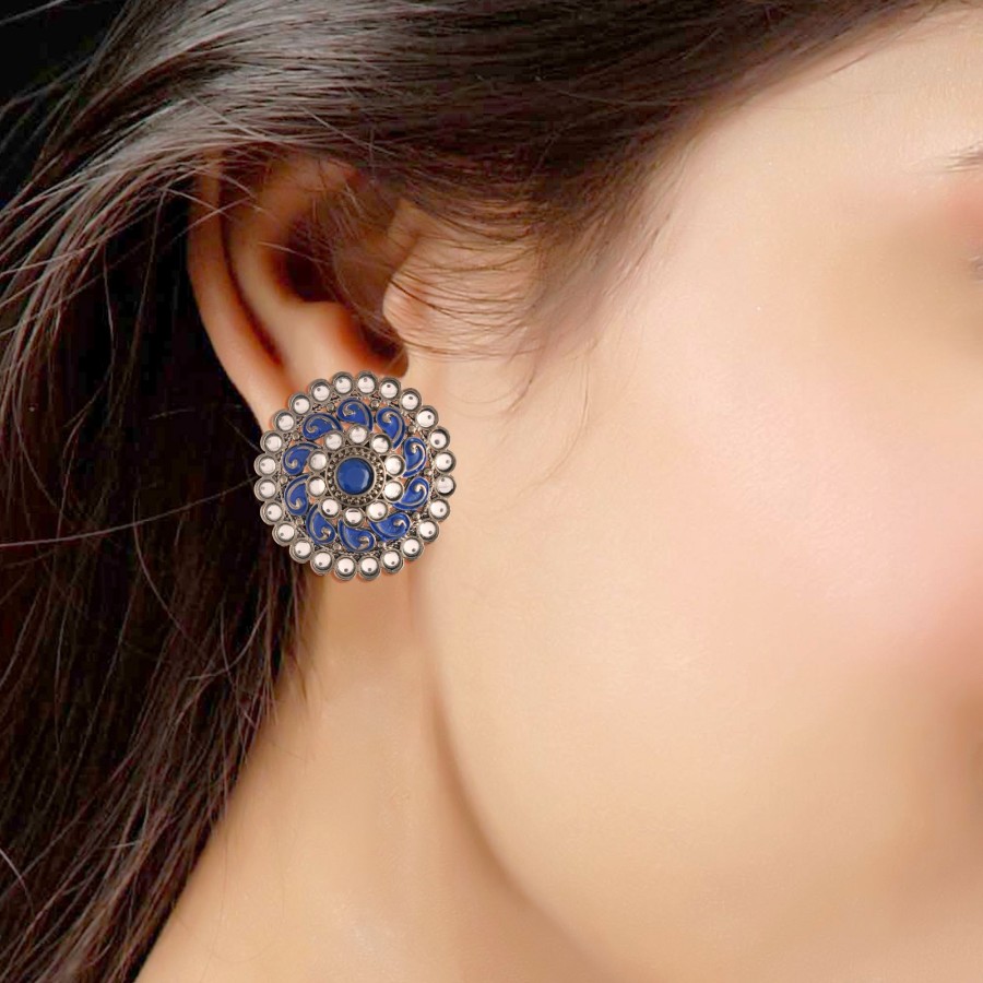 Jewellery I Jewels | Women'S Silver Oxidized Kundan Studded Meena Work Designer Circular Stud Earrings - I Jewels Blue