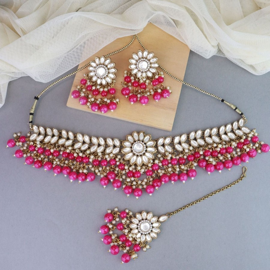 Jewellery I Jewels | Women'S 18K Gold Plated Traditional Kundan Studded Pearl Hanging Choker Necklace Jewellery Set With Earrings U0026 Maang Tikka - I Jewels Pink