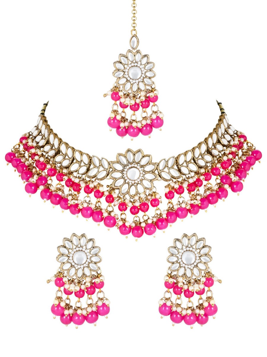 Jewellery I Jewels | Women'S 18K Gold Plated Traditional Kundan Studded Pearl Hanging Choker Necklace Jewellery Set With Earrings U0026 Maang Tikka - I Jewels Pink