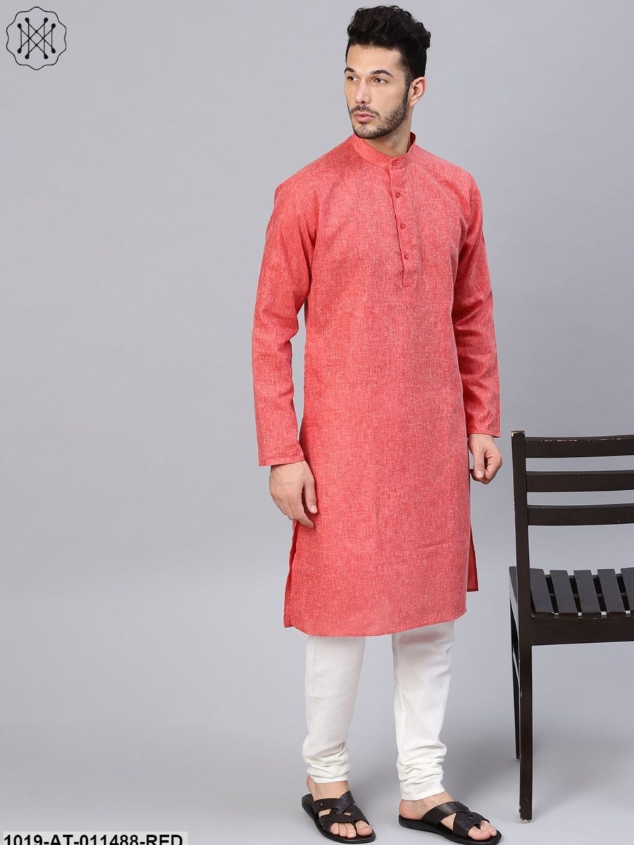 Men Sojanya | Men'S Cotton Linen Blend Red Solid Only Long Kurta - Sojanya