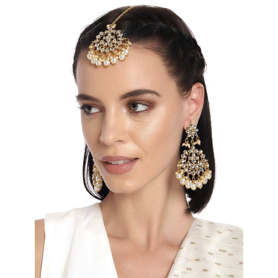 Jewellery I Jewels | Women'S Traditional Gold Plated Chandbali Kundan U0026 Pearl Earring Set With Maang Tikka - I Jewels