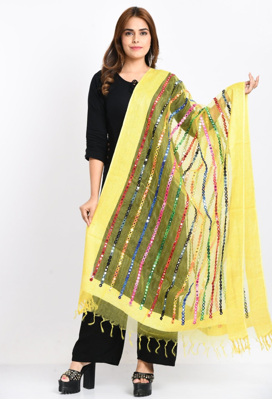 Women Moeza | Women'S Orgenza Multi Thread Mirror Work Lemon Dupatta - Moeza Yellow