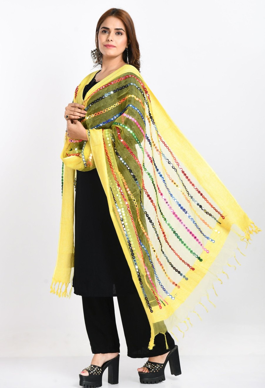 Women Moeza | Women'S Orgenza Multi Thread Mirror Work Lemon Dupatta - Moeza Yellow