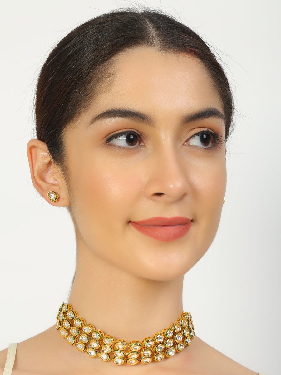 Jewellery Femizen | Women'S Handcrafted Kundan Choker With Pair Of Earrings - Femizen Golden